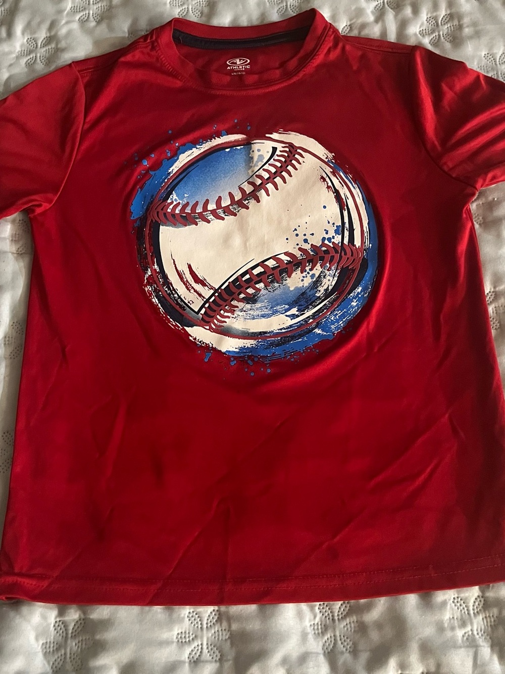 Athletic Works Red Tee with White and Blue Baseball Graphic L(10-12)